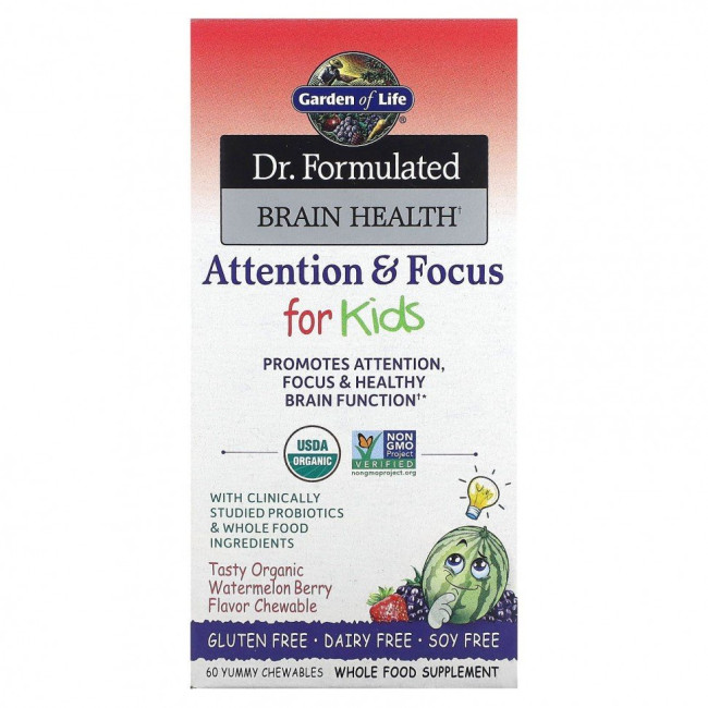 Garden of Life, Dr. Formulated Brain Health, внимание и концентрация для детей, вкус арбуза и ягод, 60 вкусных жевательных таблеток