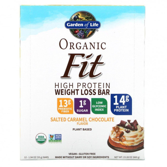 Garden of Life, Organic Fit, высокопротеиновый батончик для похудения, шоколад с соленой карамелью, 12 батончиков по 55 г (1,94 унции)