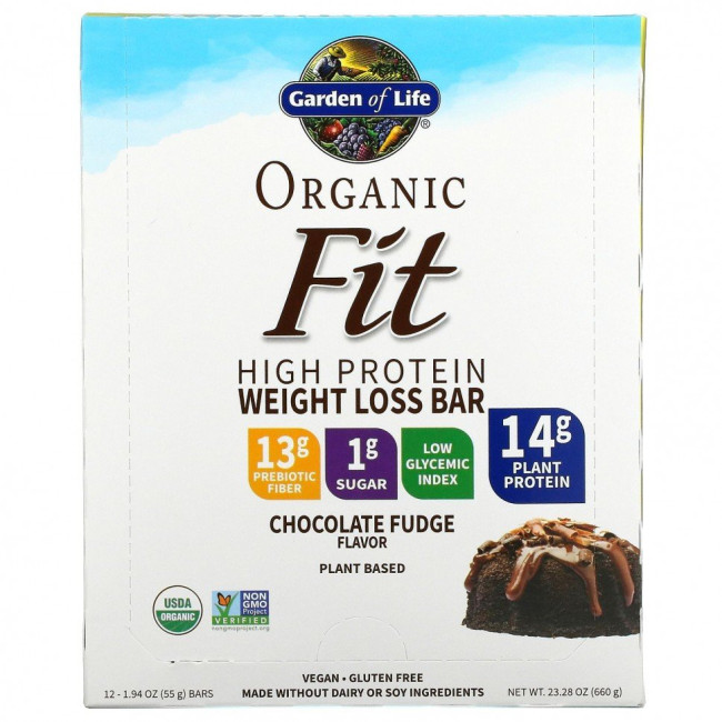 Garden of Life, Organic Fit, высокопротеиновый батончик для похудения, шоколадная помадка, 12 батончиков по 55 г (1,9 унции)
