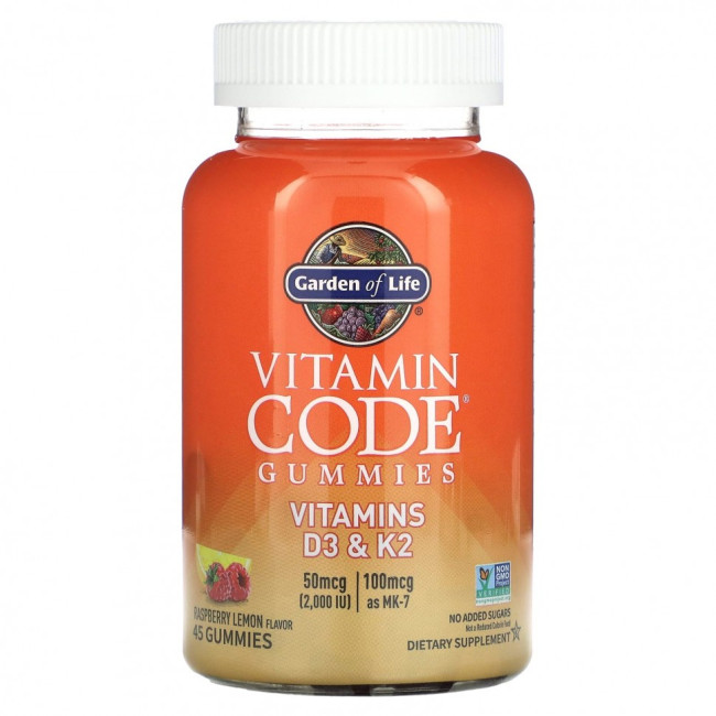 Garden of Life, Vitamin Code, жевательные таблетки, витамины D3 и K2, малина и лимон, 45 жевательных таблеток