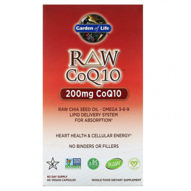 Garden of Life, RAW CoQ10, 200 мг, 60 веганских капсул