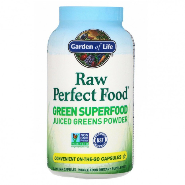 Garden of Life, RAW Perfect Food, Green Superfood, порошок сочной зелени, 240 веганских капсул