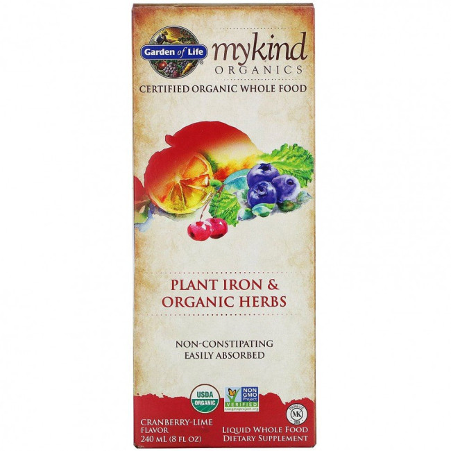 Garden of Life, MyKind Organics, железо из растительных соединений и органические травы, жидкая добавка со вкусом клюквы и лимона, 240 мл (8 жидк. унций)
