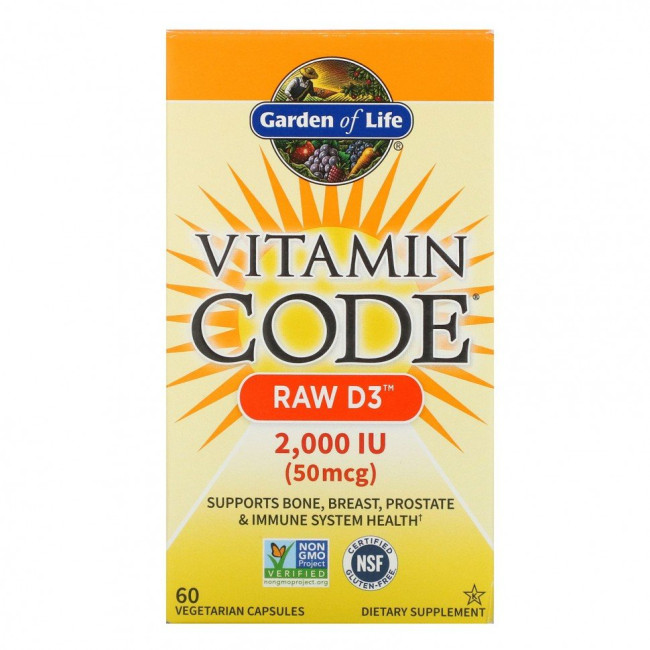Garden of Life, Vitamin Code, RAW D3, 50 мкг (2000 МЕ), 60 вегетарианских капсул